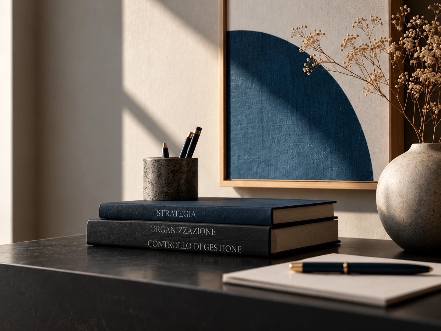 Scrivania con libri intitolati Strategia, Organizzazione e Controllo di gestione, illustrazione blu astratta e vaso in ceramica